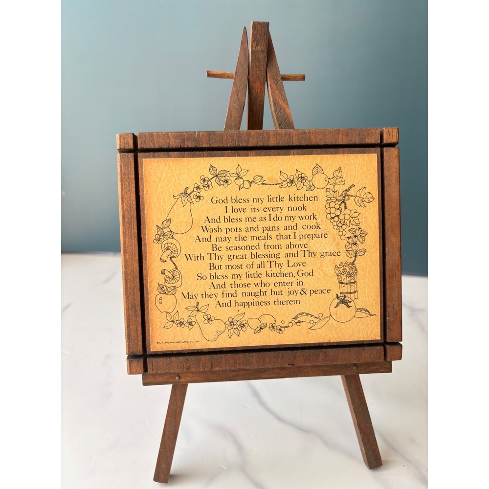 Vintage CE McMullen Wooden Kitchen Prayer Plaque with Easel Stand Brown Rustic